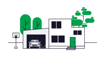 Privathaus mit E-Auto in Garage und Ladestation