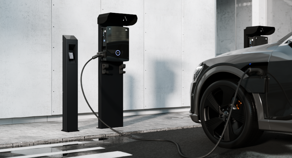 Wallbox, ladendes E-Auto und Payment Terminal