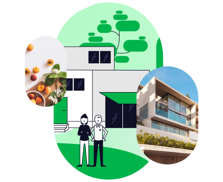 Collage mit Bildern und Grafik eines modernen Einfamilienhauses – zu Hause eAuto laden mit ABL