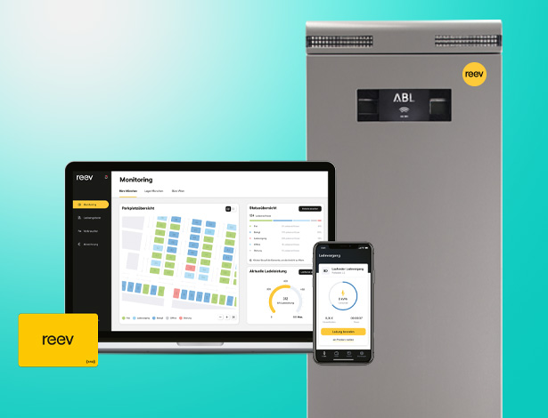 Collage Ladesäule eMC mit reev Software auf Mobilgeräten