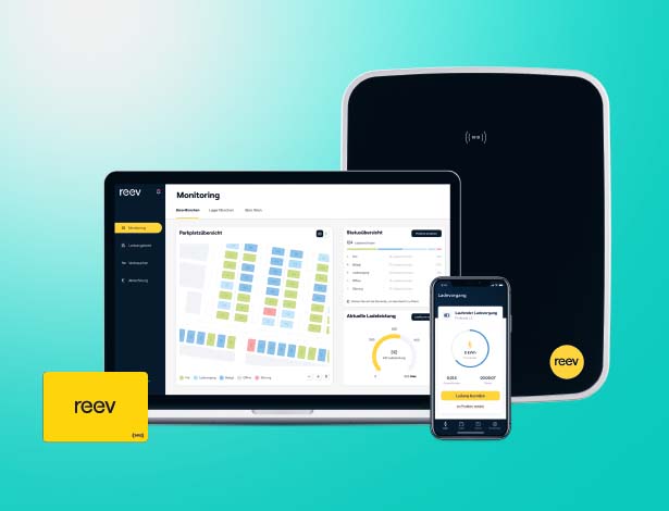 Collage Wallbox eMH3 mit reev Software auf Mobilgeräten