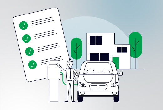 Illustration Wallbox, E-Auto und Checkliste
